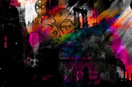 Colorful painting. Manhattan bridge. Gears.の写真素材