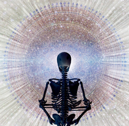 Skeleton in lotus position sits before endless spaces.の写真素材