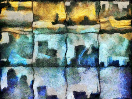Abstract painting. Urban silhouettes on square mosaic pattern.の写真素材