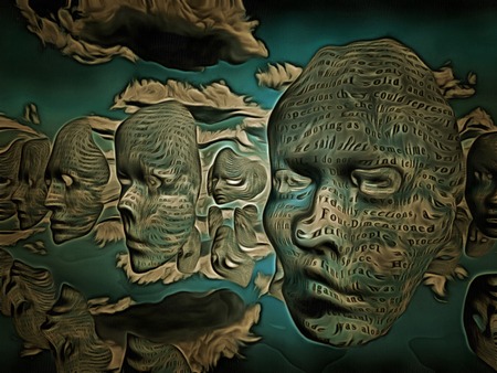 Surreal painting. Masks hovers  in the sky. Words.