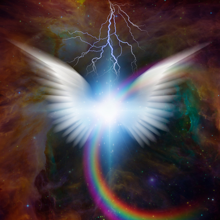 Surreal digital art. Bright star with white angel's wings. Rainbow and lightning.の写真素材