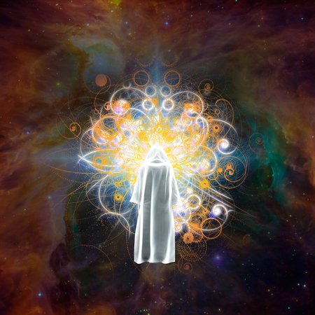 Surreal digital art. Figure in white cloak stands before bright light in colorful universe.の写真素材