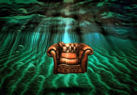 Surreal painting. Armchair under the sea.