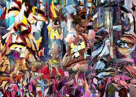 Complex abstract painting. Colorful mosaic elements and pieces of men's faces.の写真素材