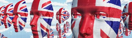 Surreal digital art. Woman's masks in Great Britain national colors hovers in the sky.の写真素材