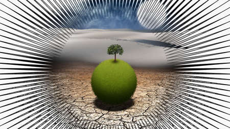 Grassy globe with tree in desert.