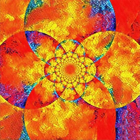 Abstract painting. Mirrored round fractal mostly in red and yellow colors.の写真素材