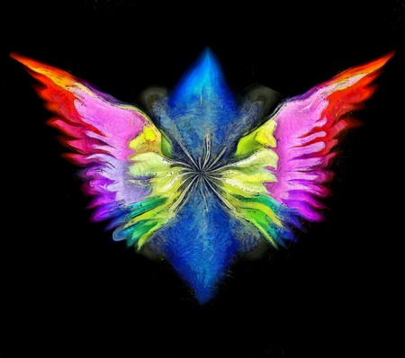 3D rendering. Surreal painting. Angel's wings in colors of rainbow.の写真素材