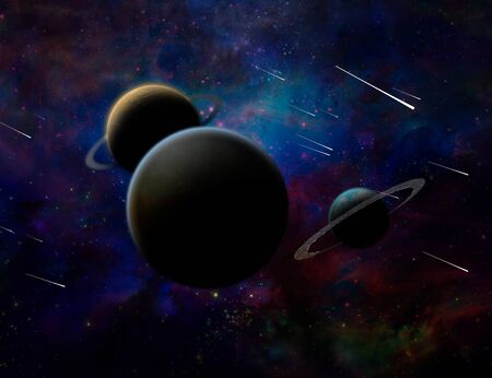 Exosolar planets and meteor shower. 3D rendering.の写真素材