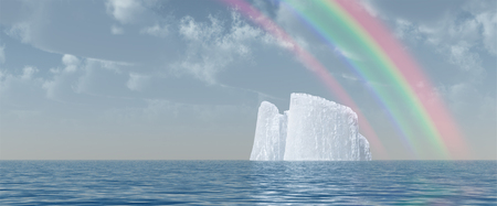 Surreal digital art. Big iceberg floats in quiet ocean. Rainbow in the cloudy sky. 3D rendering.の写真素材