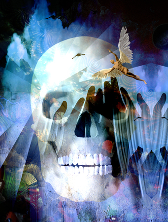 Surreal compositon.Winged Angel and  Death Skull. 3D rendering.の写真素材