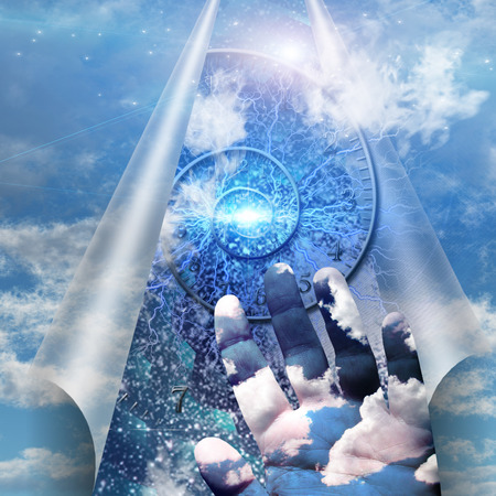 Surrealism. Spiral of time and human's hand behind sky's curtain.の写真素材
