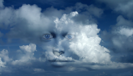 Mystic woman's face in clouds. 3D renderingの写真素材