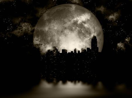 3D rendering. Full moon over night city.の写真素材