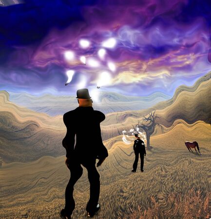 Surreal painting. Man in suit stands in field. Light bulbs around his head represents ideas. Horse grazes.の写真素材