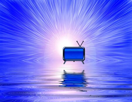 TV floats above liquid surface. 3D renderingの写真素材