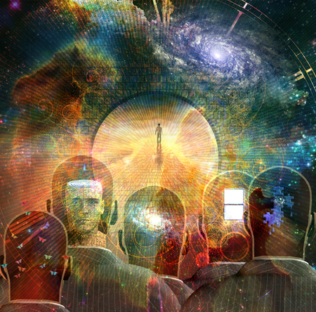 Surrealism. Man walks on a stone road in the space. Men's heads with different thoughts inside. 3D rendering.の写真素材