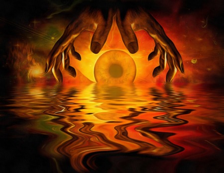 Surrealism. Hands of a prayer and God's eye is under water.の写真素材