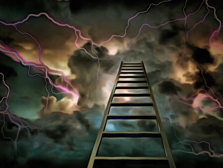 Surreal painting. Stairway to Heaven. Clouds and lightnings.の写真素材