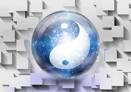 Yin Yang symbol is contained inside of glass sphere. 3D renderingの写真素材