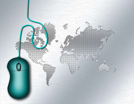 Computer mouse. World map backgroundの写真素材