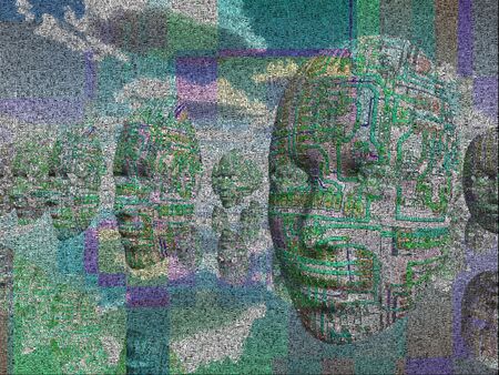 Surrealism. Faces with electric circuit pattern hovers in sky.の写真素材