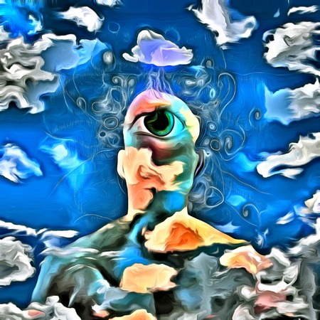 Surreal painting. Figure of naked man with eye on a nape. Stormy cloud over his head.の写真素材