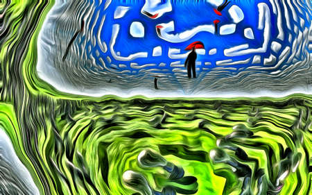 Surreal painting. Men flies with red umbrellas over the field of light bulbs. Light bulbs represents...
