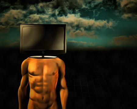 Surrealism. Naked man with TV screen instead of head.の写真素材