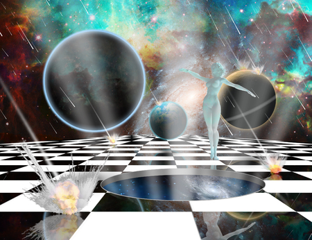 Surreal composition. Armageddon. Asteroids destroy planets. Woman's statue from white pure marble. Chessboard in the Universe. Opened wormhole to another dimension - Salvation. 3D renderingの写真素材