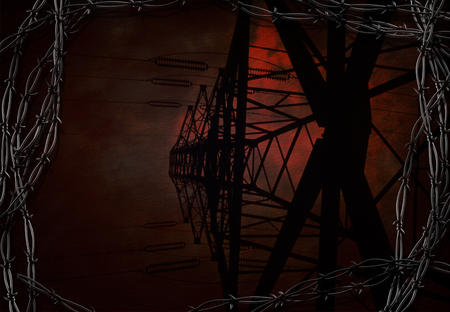 High voltage electricity pole under red sky. Barbed wire.