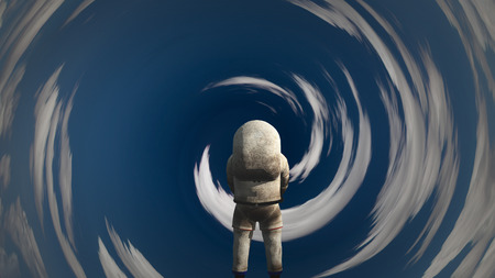 Surreal scene. Astronaut in tunnel of clouds. 3D renderingの写真素材