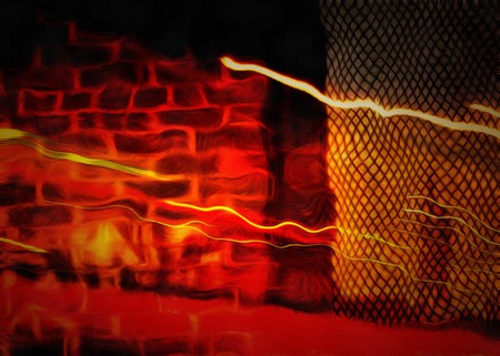Modern art. Brick wall, city lights in the night.の写真素材