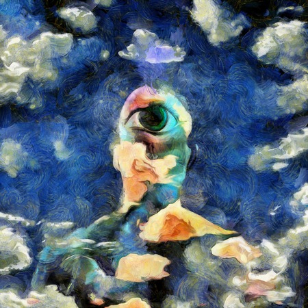 Surreal painting. Man with eye on a back of the head and storm cloud above. Background of clouds.の写真素材