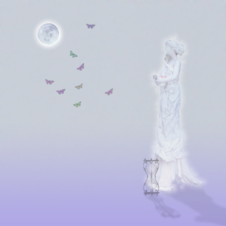 Woman`s marble statue and butterflies. Glowing moon and hourglass.
