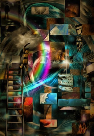 Complex surreal painting. Geometric elements, eye of God, flames of fire and ladder. Elements of human consciousness.の写真素材
