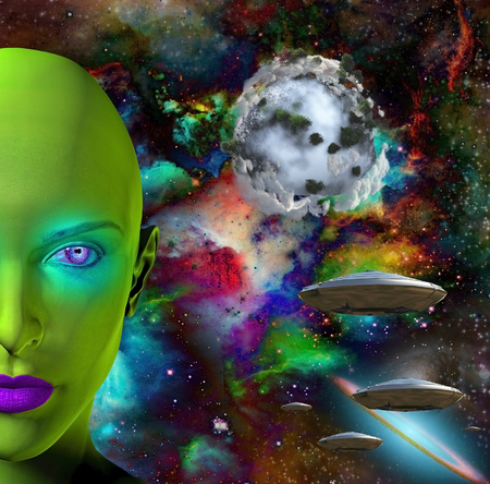The face of female alien. Flying saucers in colorful universe and abstract exoplanet on a...