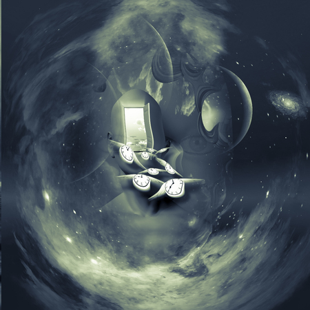 Man's head with open door to another world. Flying time and deep space background. Some elements...