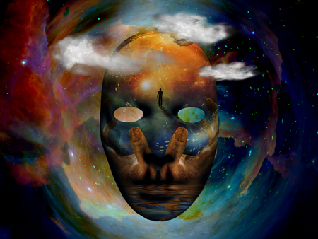 Mask with the image of man, hands of a prayer and seashore. Colorful universe on background.の写真素材