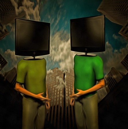 Surreal painting. Two men with TV-screens instead of their heads are dicussing. Skyscrapers on a background.の写真素材