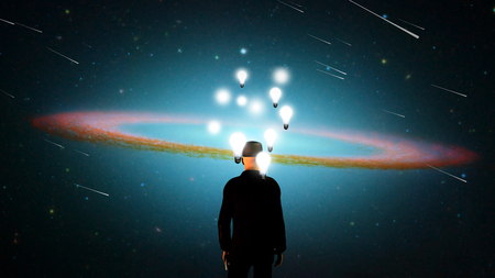 Surreal composition. Man in suit stands before vivid universe. Lightbulbs represents thoughts and ideas. 3D renderingの写真素材