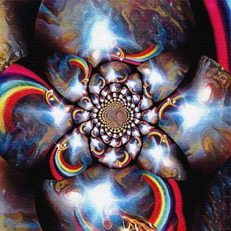 Abstract painting. Mirrored round fractal with God's hands, light and rainbow.