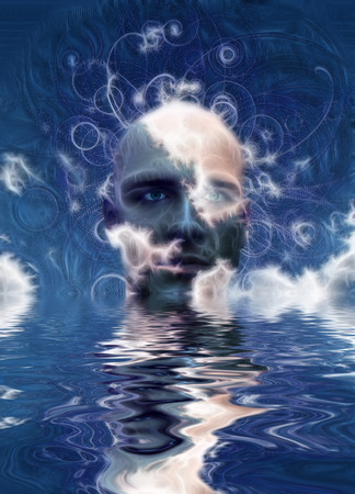 Surreal digital art. Man's head above water. Abstract background.の写真素材