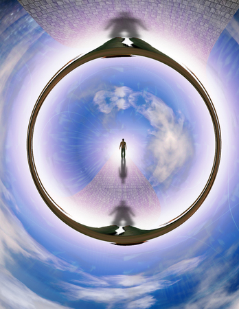 Man walks on a stone road to bright light. 3D renderingの写真素材