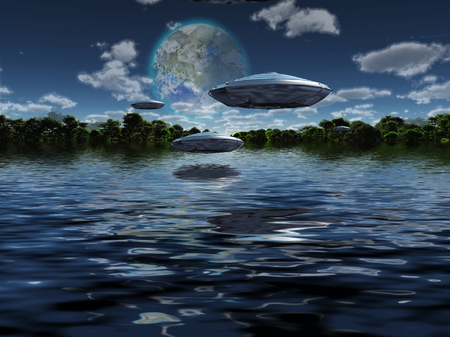 Flying saucers flies above ocean on water planet. Green forest at the horizon and terraformed moon in the skyの写真素材