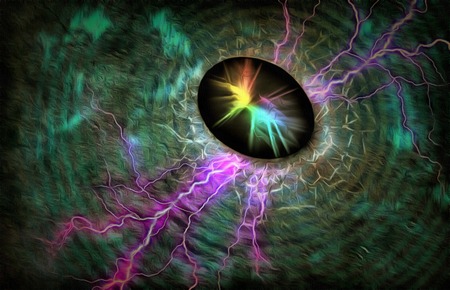Surreal painting. Rays of light comes out from crack in black egg. Lightnings on a background.の写真素材