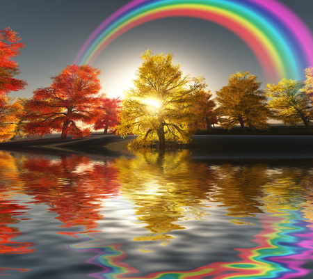 Surreal digital art. Autumn landscape. Trees on a shore. Sunset. Rainbow in the sky.の写真素材