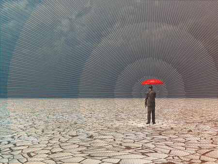 Surreal digital art. Man with red umbrella in dry land under gathering storm.の写真素材
