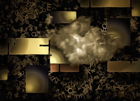 Abstract painting. Golden blocks, cloud and letters.