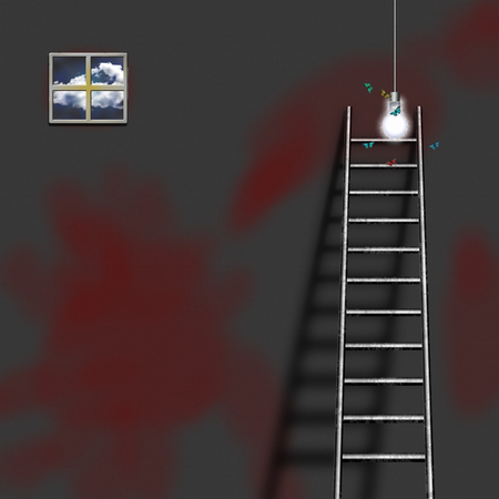 Ladder to light bulb. Colorful butterfliesの写真素材